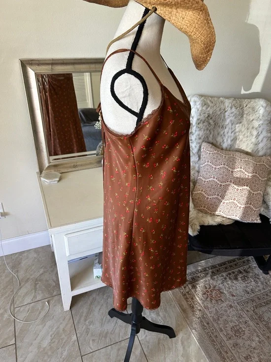 Wild fable, Brown, cherry print lace trim, slip mini dress large - Picture 7 of 11